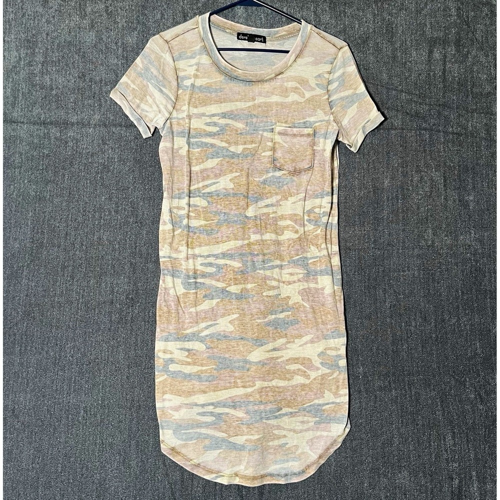 Derek Heart T-Shirt Dress Womens Medium M Beige Gray Camo Pocket Knee Length
